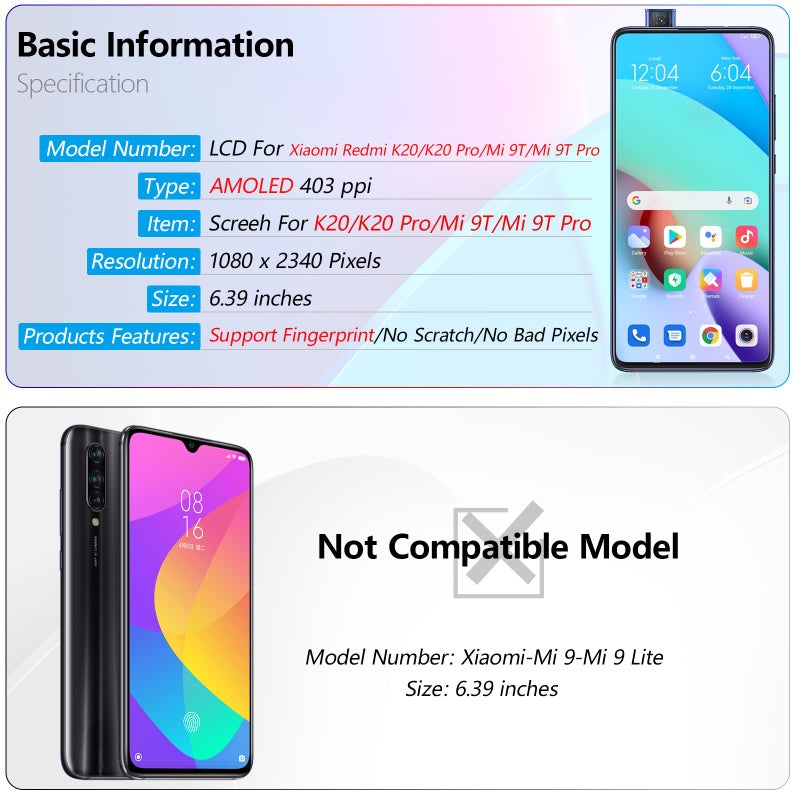 YWLRONG شاشة بديلة لجهاز Xiaomi Mi 9T / Mi 9T Pro / Redmi K20 / K20 Pro AMOLED مع مجموعة (أسود) - Image 3